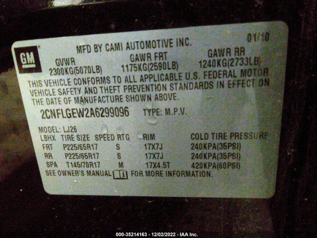 2010 CHEVROLET EQUINOX LTZ VIN: 2CNFLGEW2A6299096