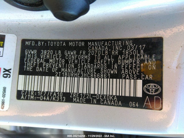 2017 TOYOTA COROLLA L/LE/XLE/SE VIN: 2T1BURHE3HC866861