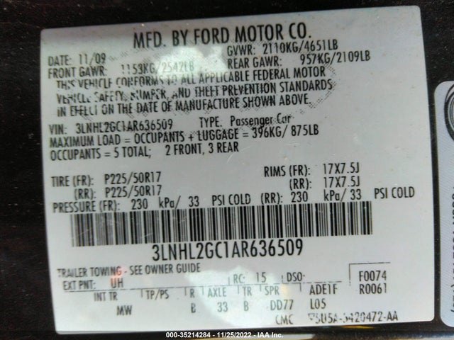 2010 LINCOLN MKZ VIN: 3LNHL2GC1AR636509