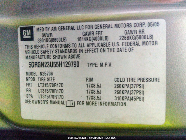 Hummer H2 Suv 2005 5GRGN23U55H129790 Image 10