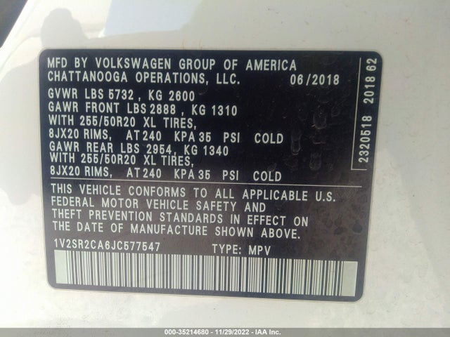 2018 Volkswagen Atlas, VIN: 1V2SR2CA6JC577547