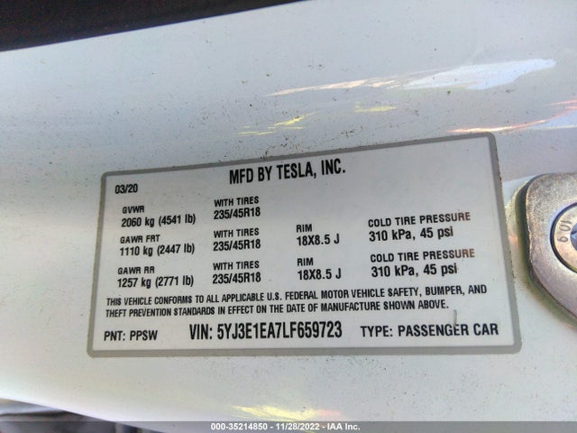 Tesla MODEL 3 2020 5YJ3E1EA7LF659723 Image 9
