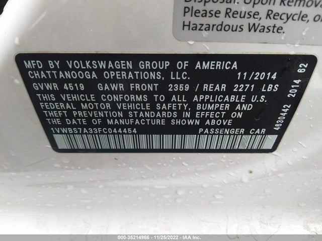 1VWBS7A33FC044454 Volkswagen Passat 1.8t Se W/sunroof & Nav