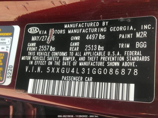 5XXGU4L31GG086878 KIA OPTIMA EX