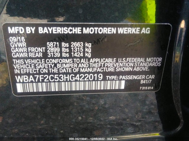 2017 BMW 7 Series, VIN: WBA7F2C53HG422019