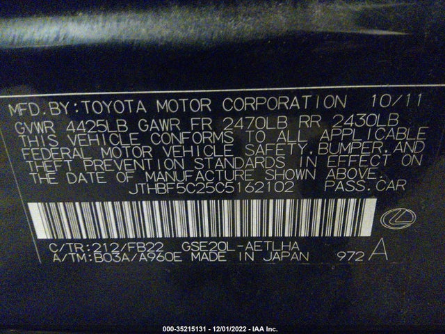 JTHBF5C25C5162102 Lexus IS 250