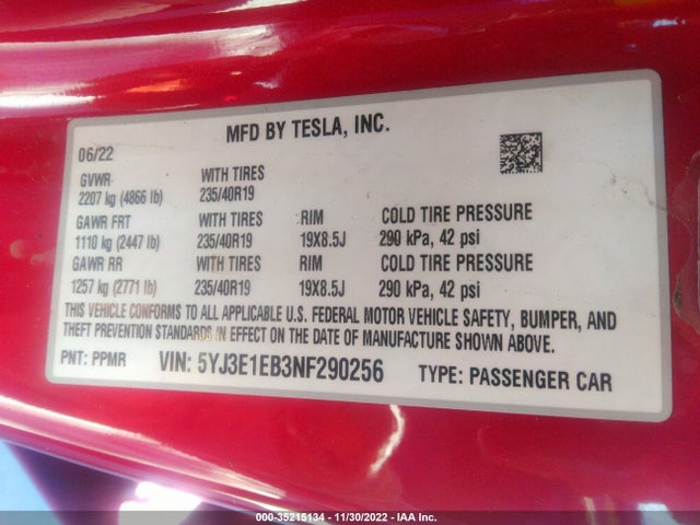 Tesla Model 3 Long Range 2022 5YJ3E1EB3NF290256 Image 10