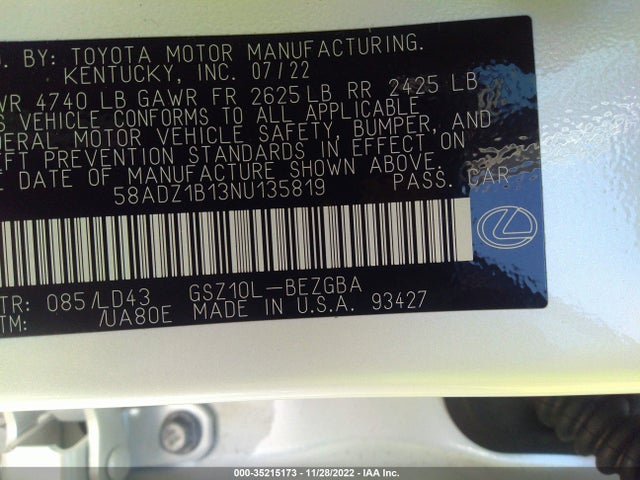 2022 Lexus ES, VIN: 58ADZ1B13NU135819