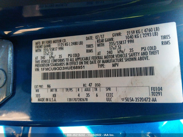 2017 Ford Escape, VIN: 1FMCU9GD3HUE68951