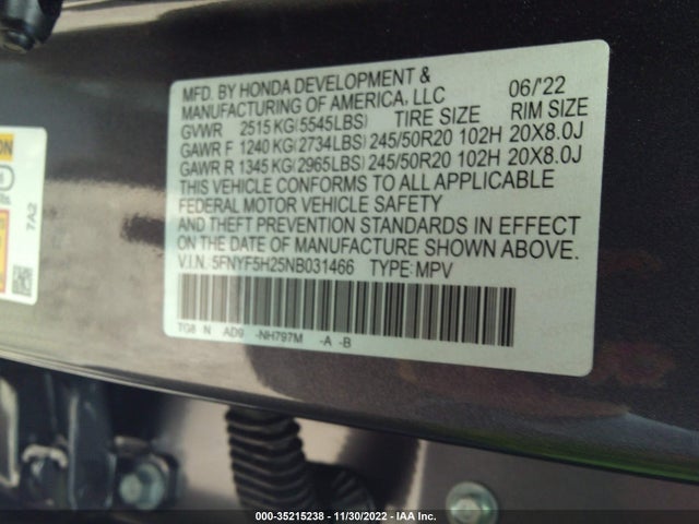 2022 Honda Pilot, VIN: 5FNYF5H25NB031466