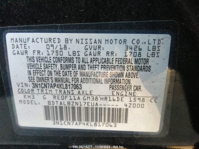 2019 Nissan Versa, VIN: 3N1CN7AP4KL817063