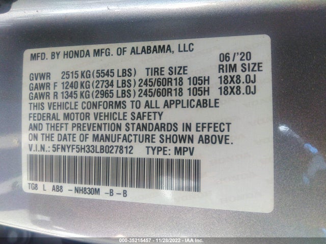 2020 HONDA PILOT EX VIN: 5FNYF5H33LB027812