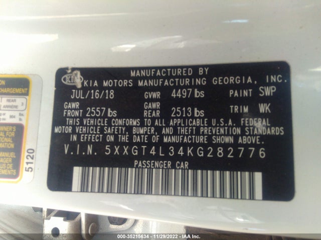 2019 Kia Optima, VIN: 5XXGT4L34KG282776