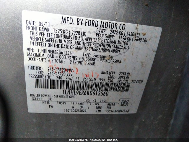Lincoln MKS 2011 1LNHL9ER6BG613560 Image 9