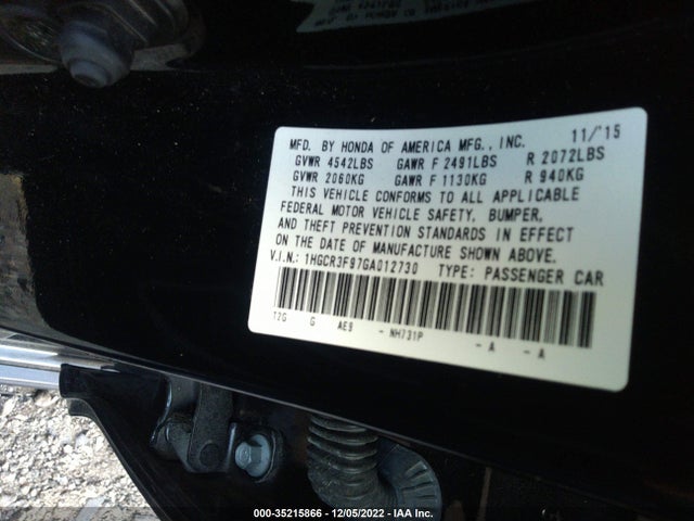 2016 HONDA ACCORD SEDAN TOURING VIN: 1HGCR3F97GA012730