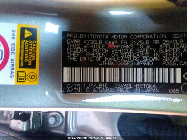 2015 Lexus ES, VIN: JTHBK1GG5F2187940