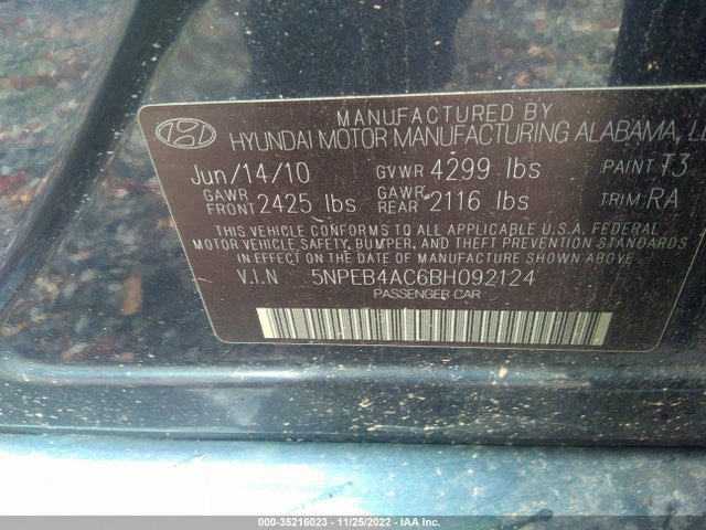 2011 HYUNDAI SONATA GLS PZEV VIN: 5NPEB4AC6BH092124