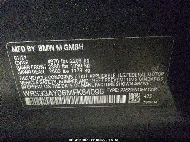 2021 BMW M3, VIN: WBS33AY06MFK84096