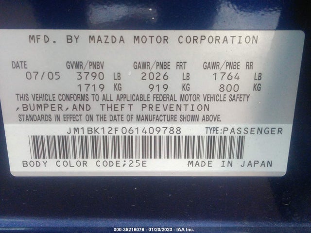 2006 MAZDA MAZDA3 I VIN: JM1BK12F061409788