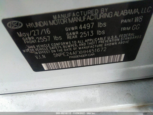 Hyundai Sonata 2.4l 2017 5NPE24AFXHH451672 Image 9