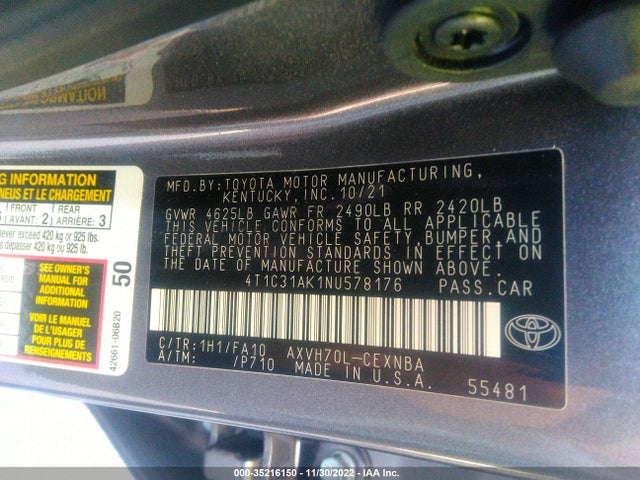 2022 Toyota Camry, VIN: 4T1C31AK1NU578176