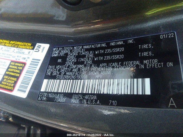 2022 Toyota Highlander, VIN: 5TDDZRBH2NS190998
