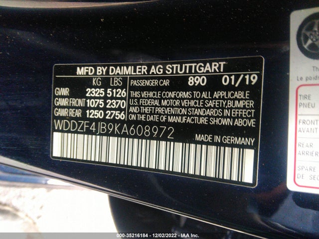 2019 Mercedes-Benz E-Class, VIN: WDDZF4JB9KA608972
