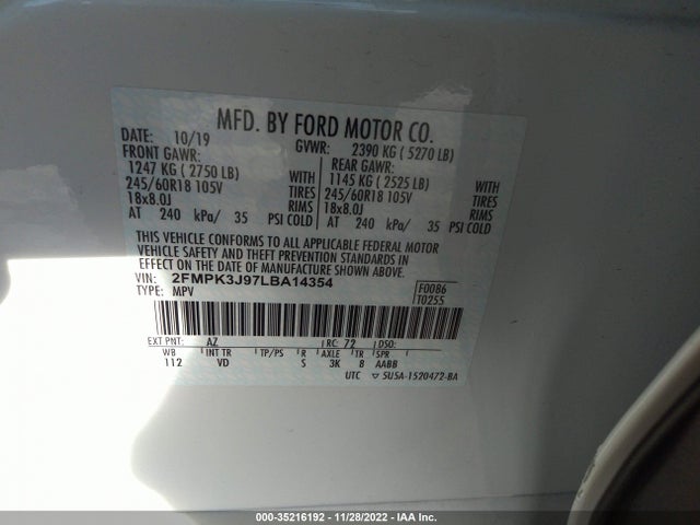 2020 FORD EDGE SEL/ST-LINE VIN: 2FMPK3J97LBA14354