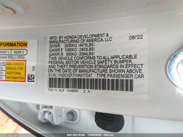 2022 HONDA ACCORD SEDAN SPORT VIN: 1HGCV2F31NA017047