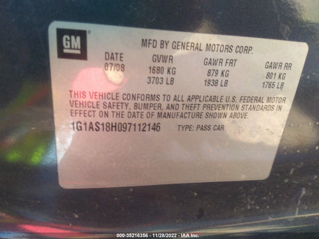 2009 CHEVROLET COBALT LS VIN: 1G1AS18H097112146