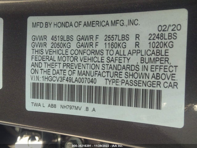 2020 Honda Accord, VIN: 1HGCV3F49LA007040