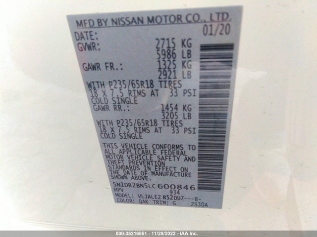 2020 Nissan Pathfinder, VIN: 5N1DR2BN5LC600846