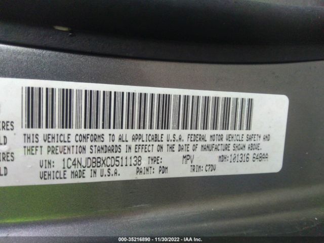 2012 JEEP COMPASS SPORT VIN: 1C4NJDBBXCD511138