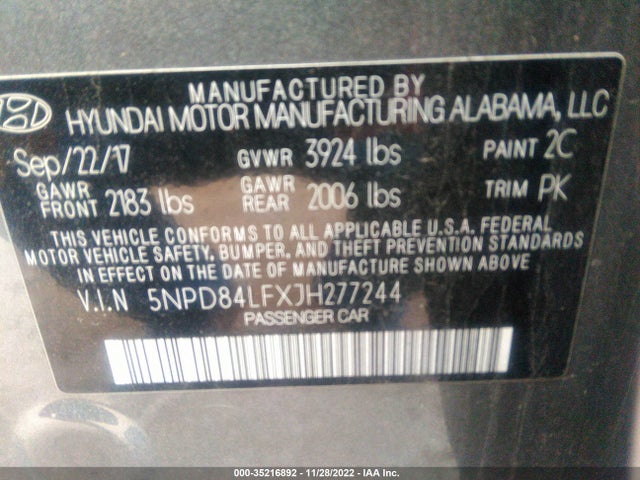 2018 HYUNDAI ELANTRA SEL VIN: 5NPD84LFXJH277244