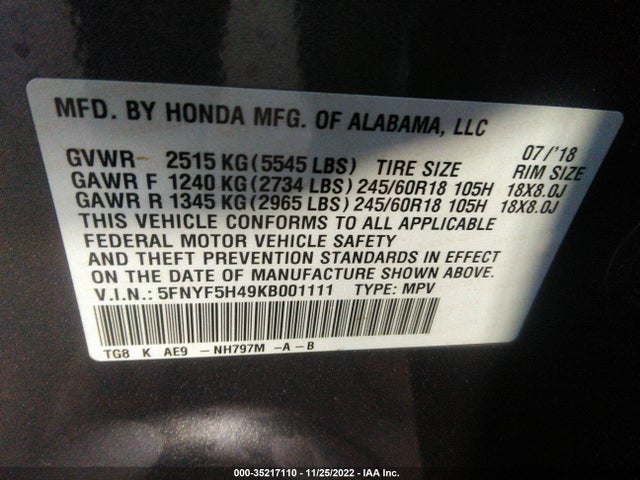 2019 HONDA PILOT EX-L W/NAVI & RES VIN: 5FNYF5H49KB001111