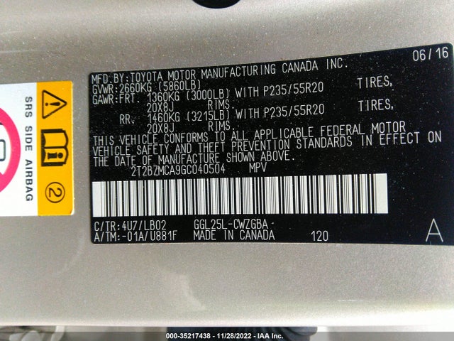 2016 Lexus RX, VIN: 2T2BZMCA9GC040504