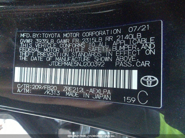 2022 TOYOTA COROLLA LE VIN: JTDEPMAE5NJ200392