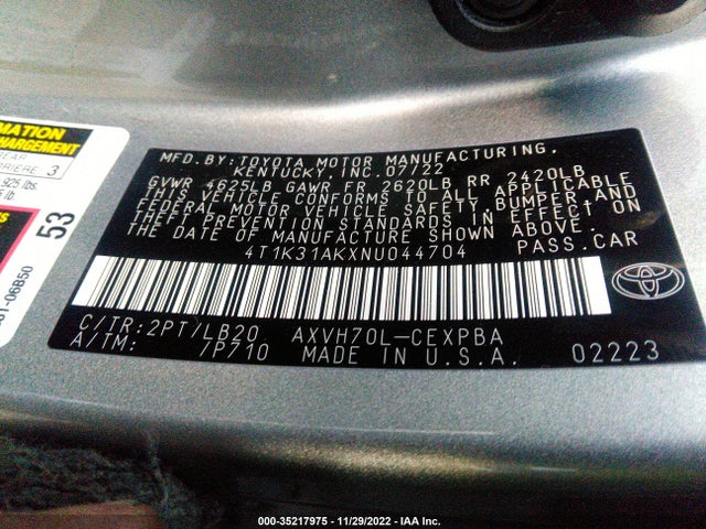 2022 Toyota Camry, VIN: 4T1K31AKXNU044704