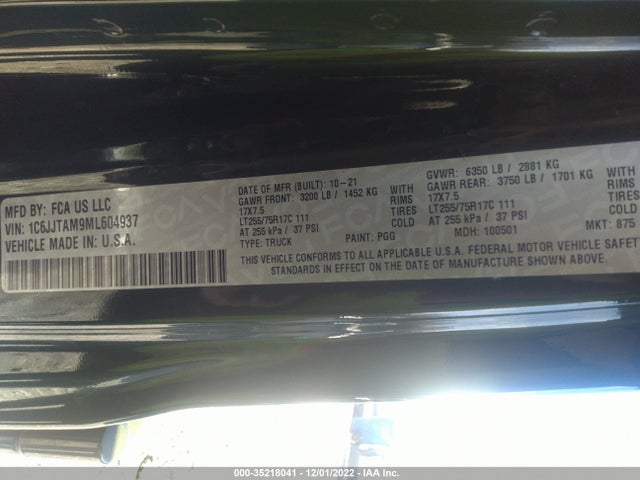 2021 Jeep Gladiator, VIN: 1C6JJTAM9ML604937