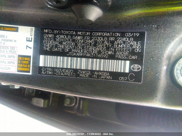 2019 Toyota Prius, VIN: JTDKARFP4K3116592