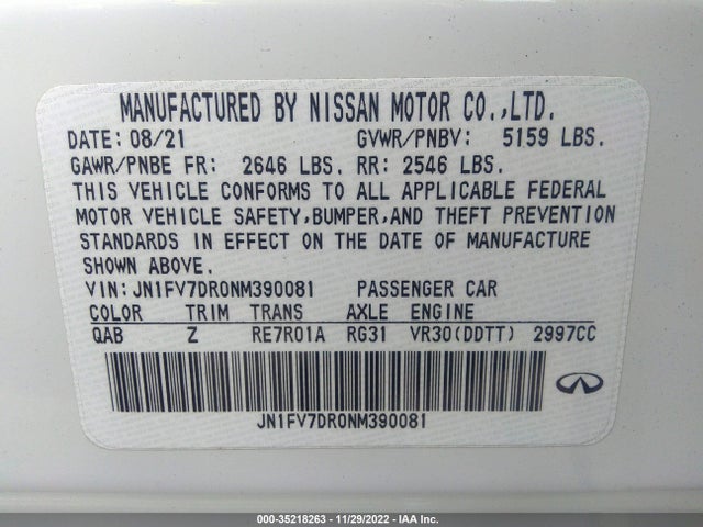 2022 Infiniti Q50, VIN: JN1FV7DR0NM390081