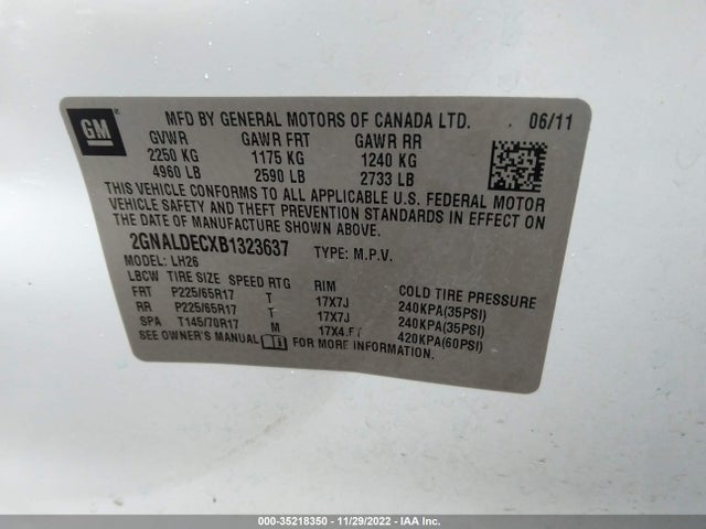 2011 CHEVROLET EQUINOX VIN: 2GNALDECXB1323637