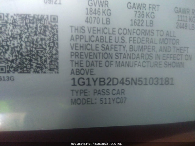 2022 Chevrolet Corvette, VIN: 1G1YB2D45N5103181