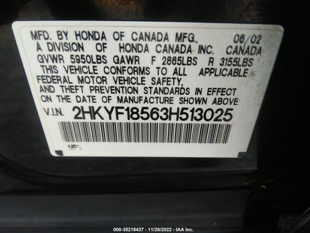 2003 HONDA PILOT EX VIN: 2HKYF18563H513025
