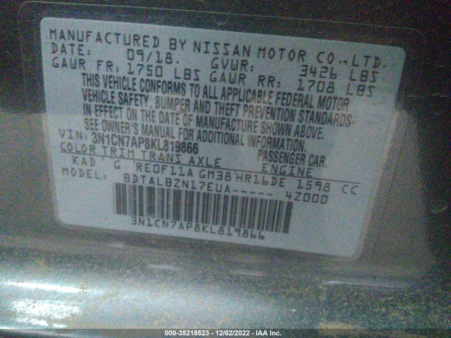 Nissan VERSA SEDAN 2019 3N1CN7AP8KL819866 Image 9