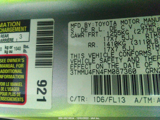 2015 TOYOTA TACOMA VIN: 3TMMU4FN4FM087360