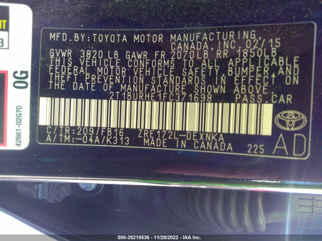 2015 TOYOTA COROLLA L/LE/S/S PLUS/LE PLUS VIN: 2T1BURHE1FC371698