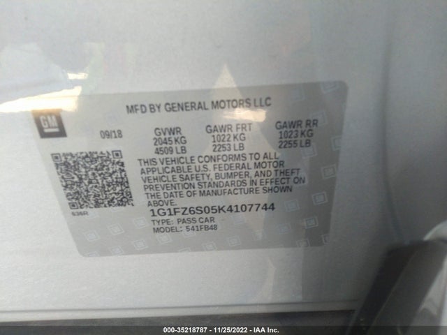 2019 Chevrolet Bolt EV, VIN: 1G1FZ6S05K4107744