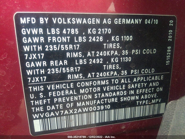 2010 VOLKSWAGEN TIGUAN WOLFSBURG VIN: WVGAV7AX2AW003910