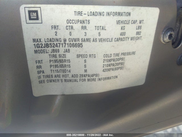 2001 PONTIAC SUNFIRE SE VIN: 1G2JB524717106695